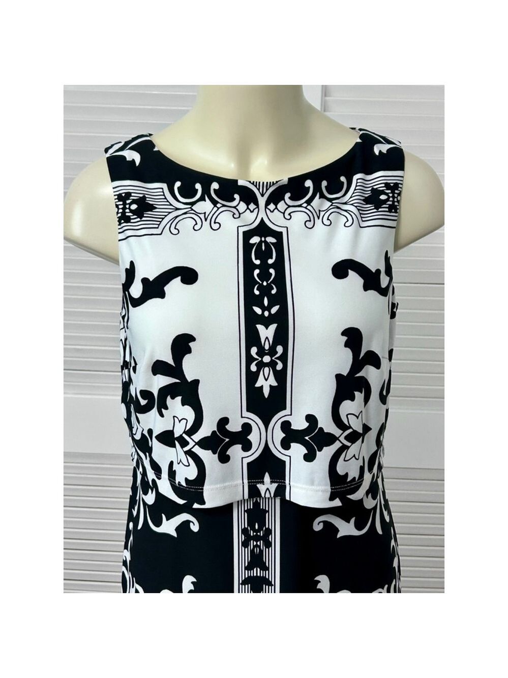 Donna Morgan Black White Damask Scroll Sheath Dress Size 8 - Picture 2 of 10